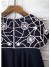 Beaded Short Sleeves Navy Blue Chiffon Knee Length Flower Girl Dress